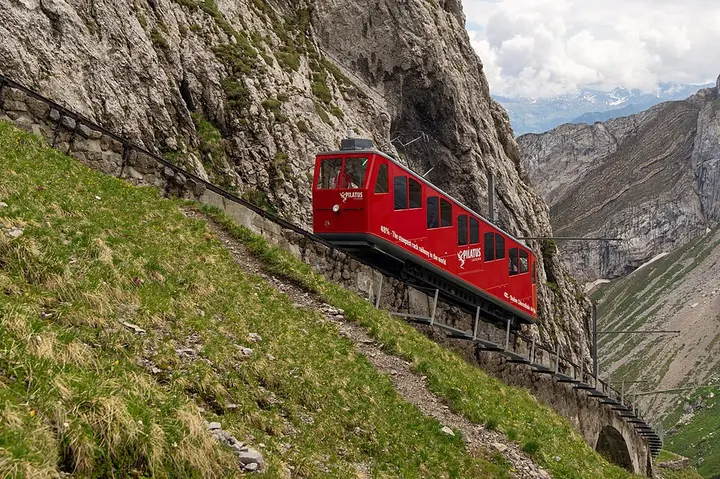 Pilatus cogwheel railway crossing a steep mountain slope
