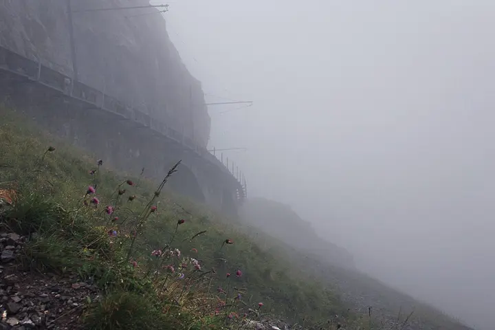 Mountain railway track on Mount Pilatus